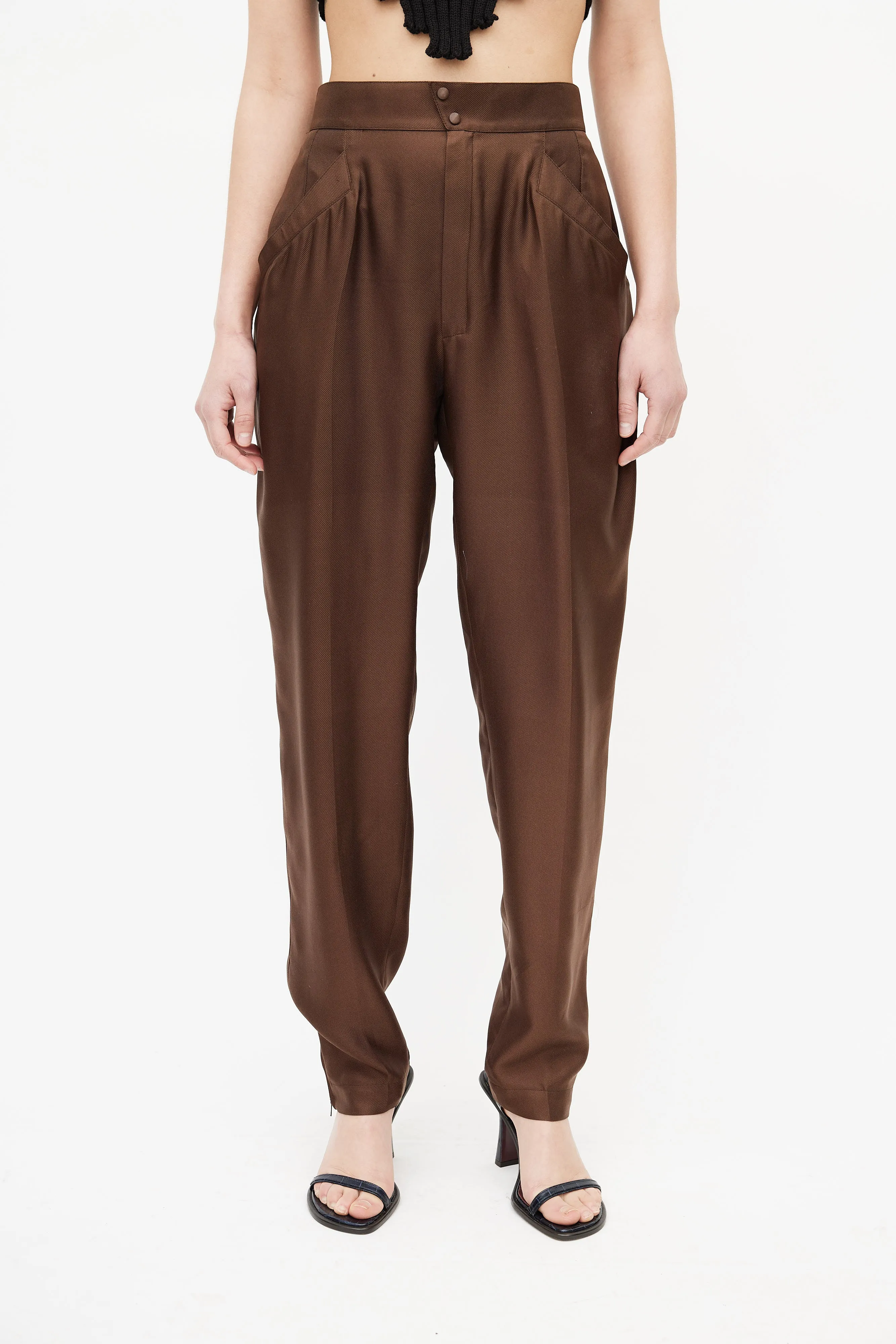 1980s Brown Silk High Rise Trouser