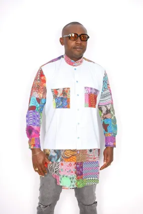 African Men Shirt Blue Patches