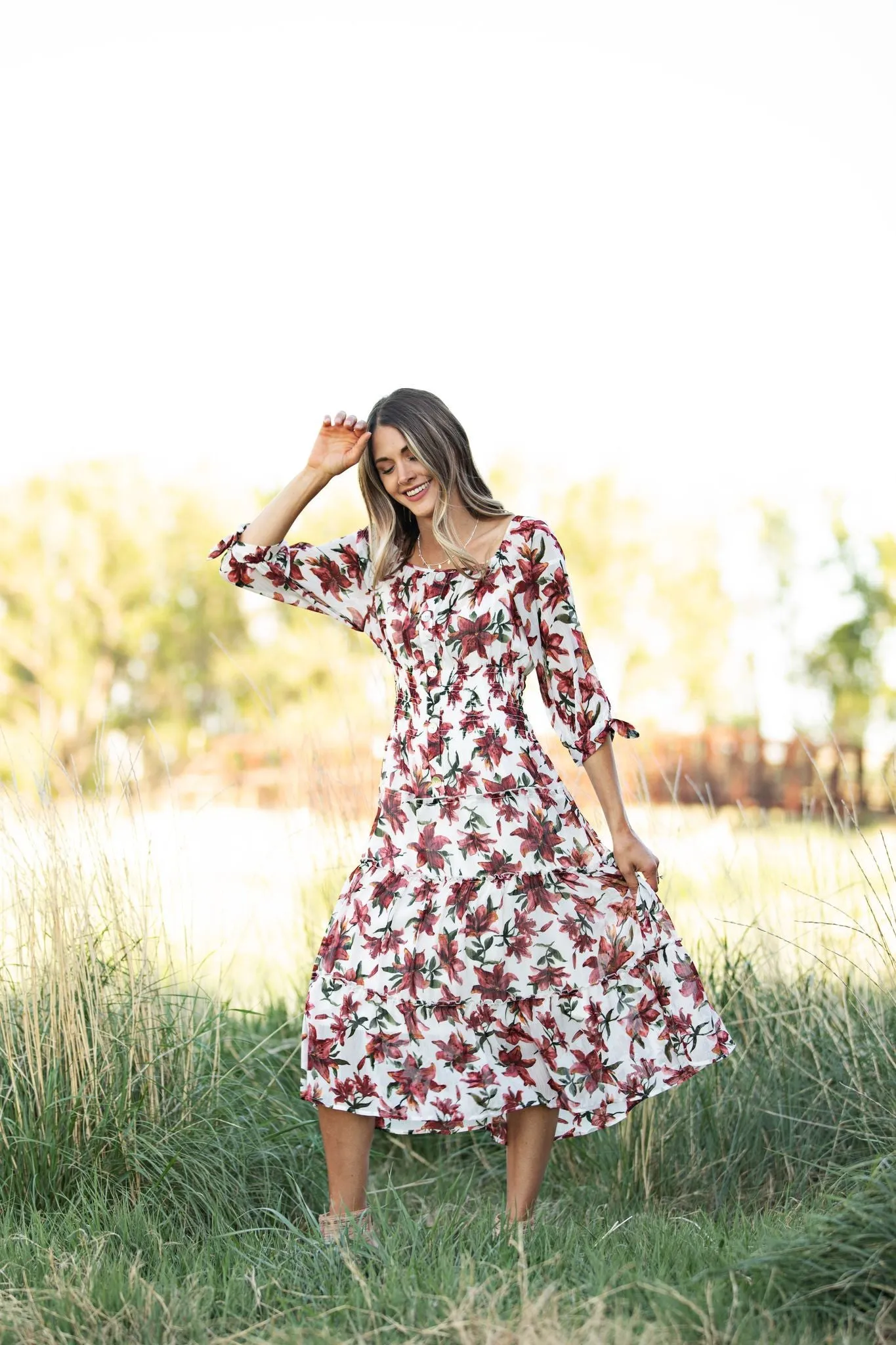Alexa Floral Midi Peasant Dress