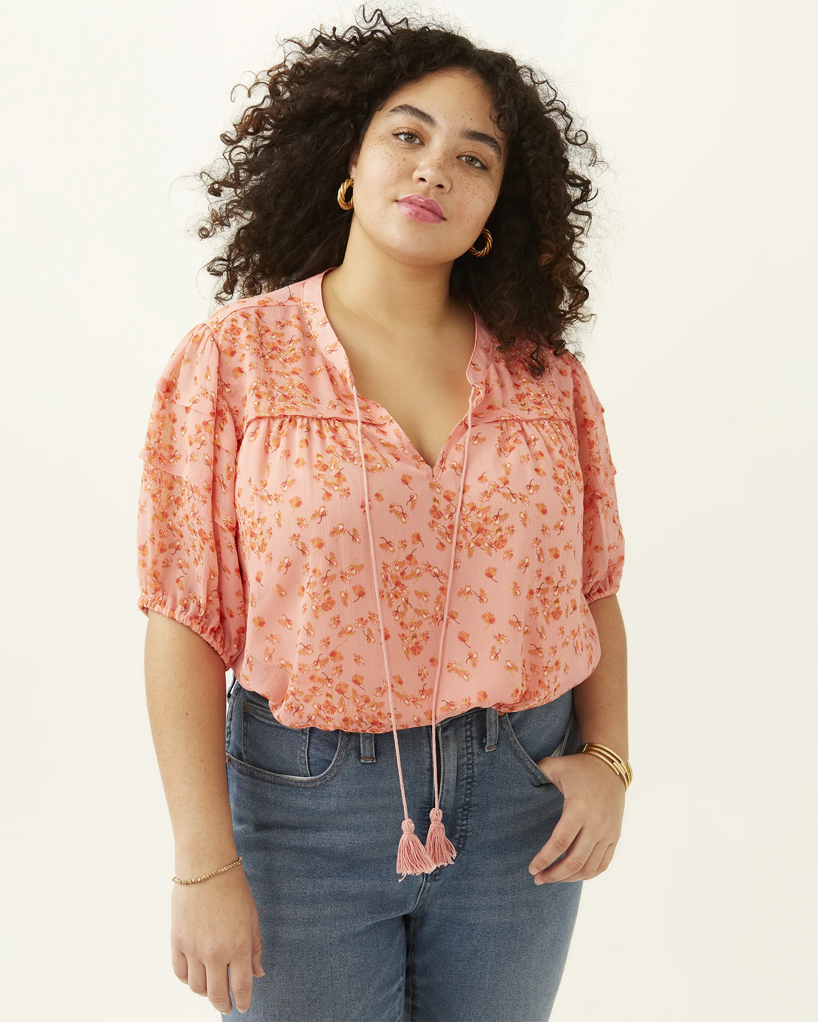 Barbara Printed Peasant Top | Pink