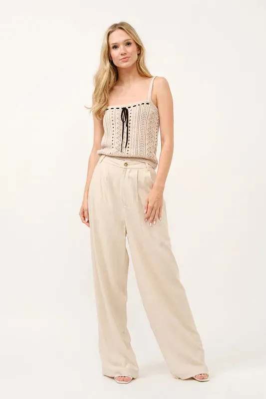 Beige Linen Blend High-Rise Wide Leg Pants