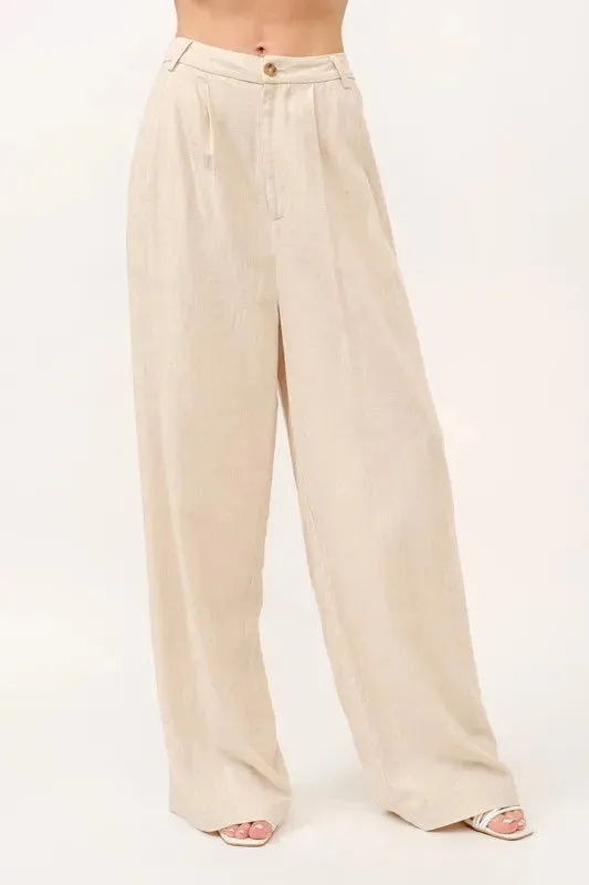 Beige Linen Blend High-Rise Wide Leg Pants