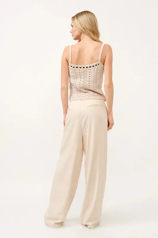 Beige Linen Blend High-Rise Wide Leg Pants