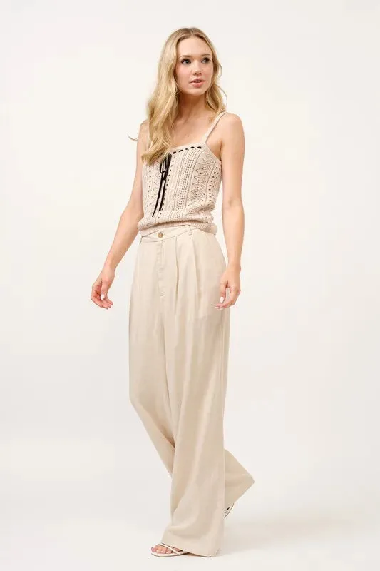 Beige Linen Blend High-Rise Wide Leg Pants