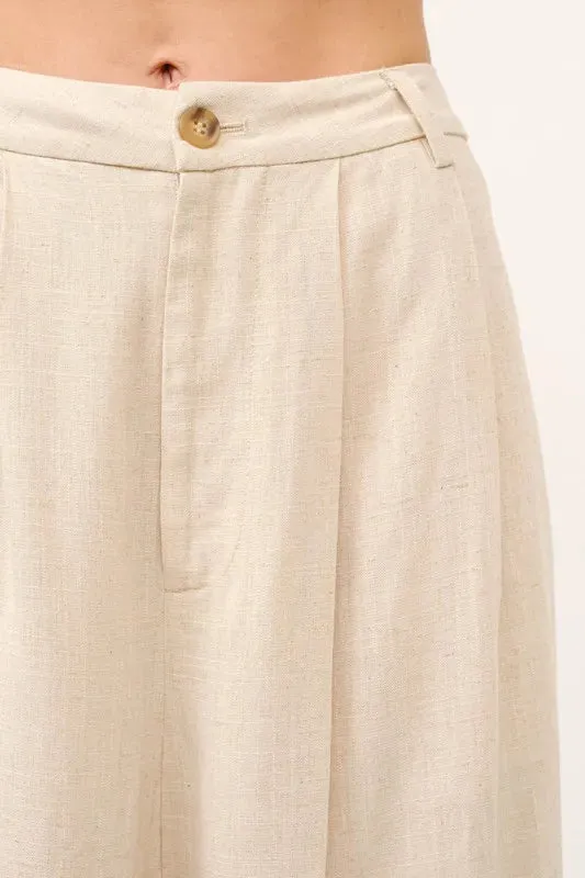 Beige Linen Blend High-Rise Wide Leg Pants