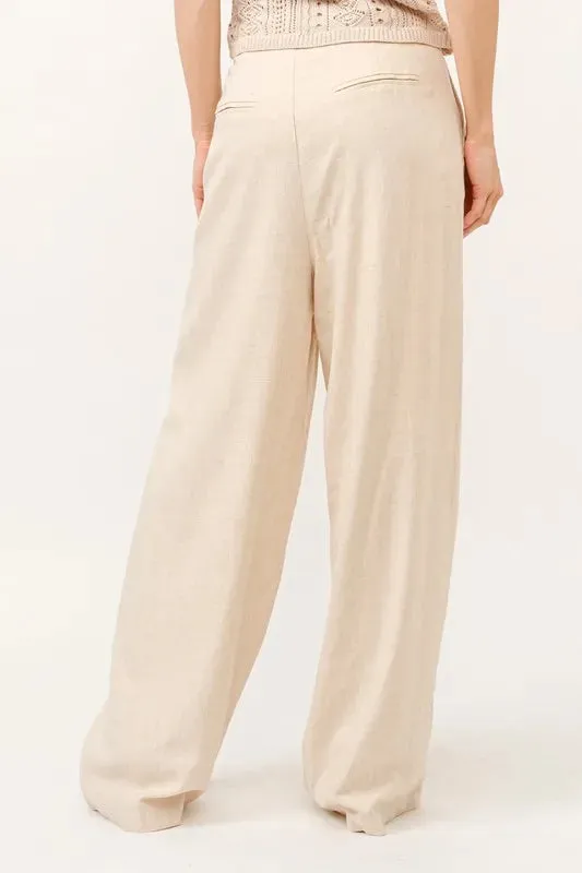 Beige Linen Blend High-Rise Wide Leg Pants