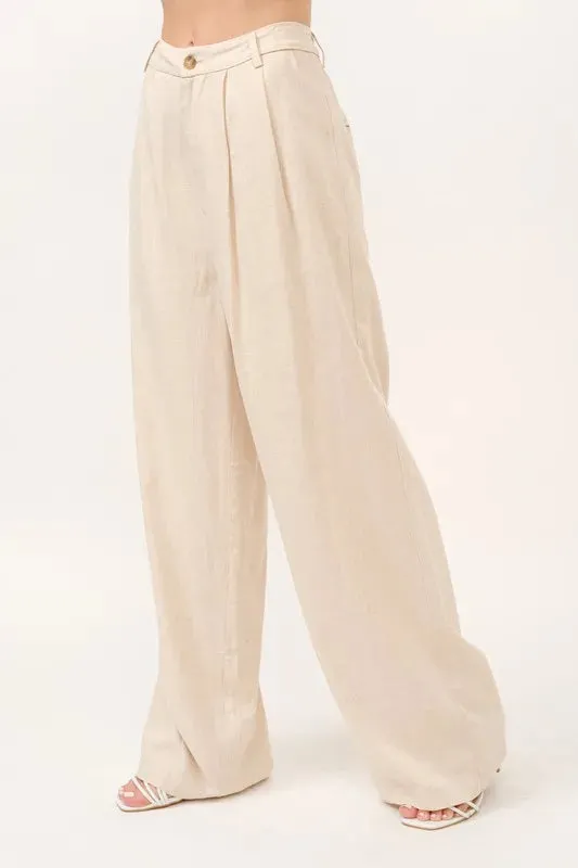 Beige Linen Blend High-Rise Wide Leg Pants