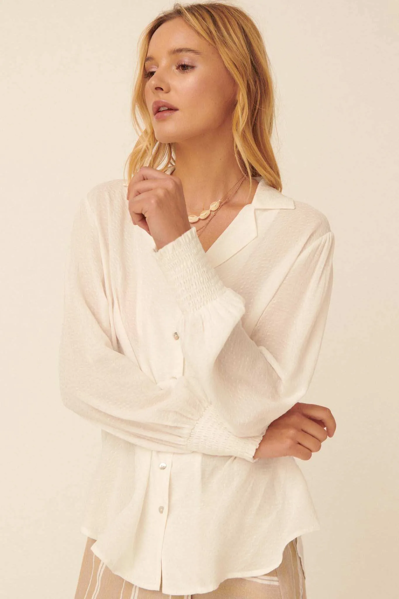 Spot On Smocked-Cuff Jacquard Shirt