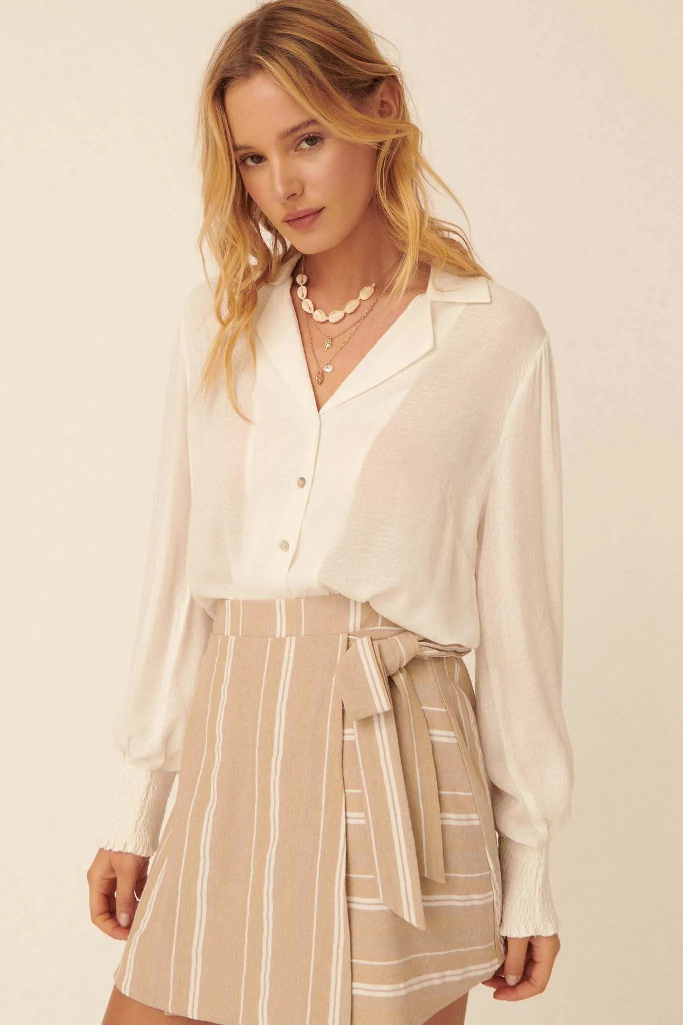 Spot On Smocked-Cuff Jacquard Shirt