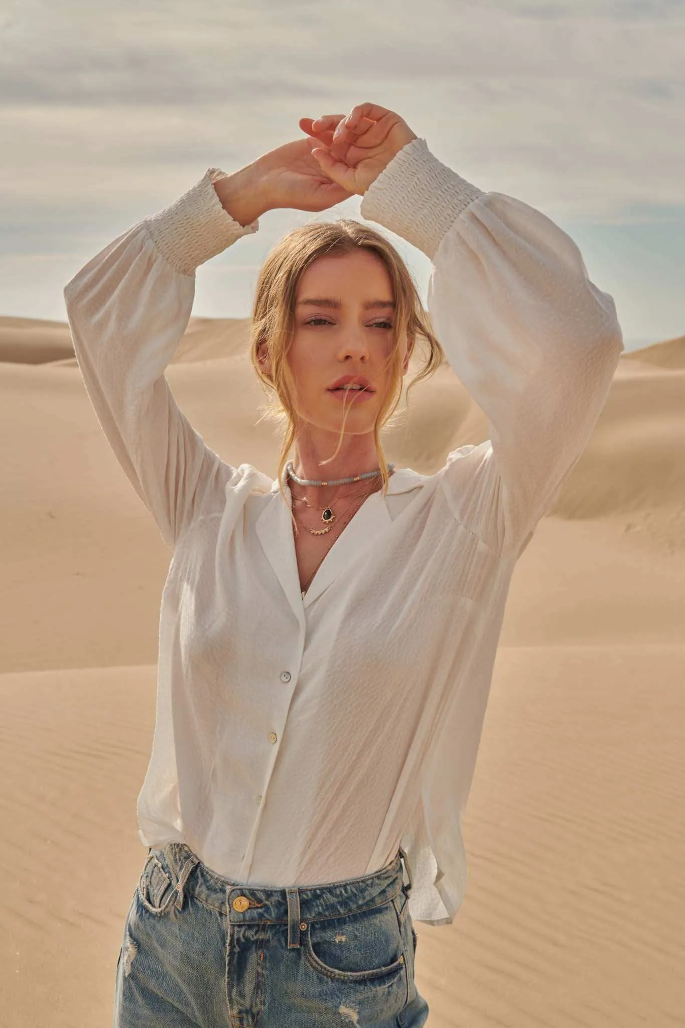 Spot On Smocked-Cuff Jacquard Shirt