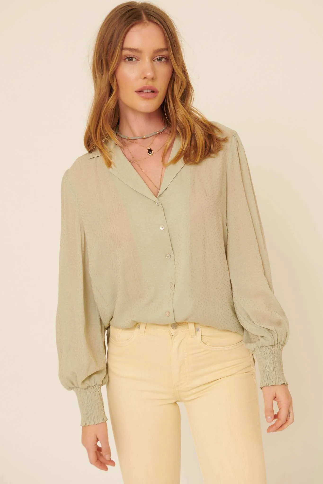 Spot On Smocked-Cuff Jacquard Shirt