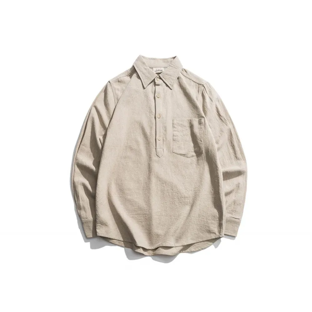 Vintage Linen Blend Workwear Shirts with Turn-Down Collar - Regular Fit