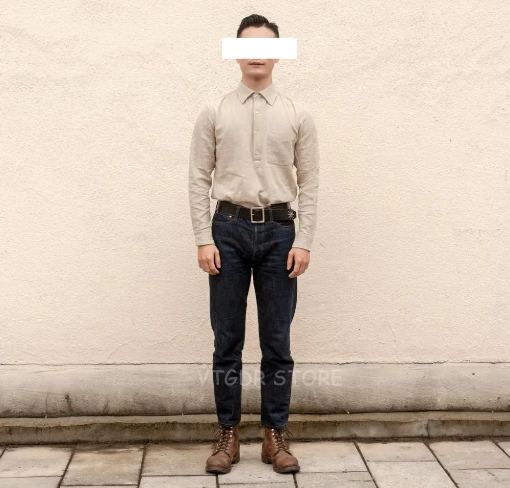 Vintage Linen Blend Workwear Shirts with Turn-Down Collar - Regular Fit